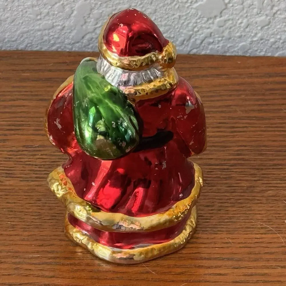 Vintage Metal Santa Shine Glaze Chrome Christmas Sack 4 1/2” Tall Holiday Decor